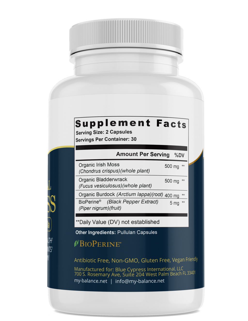 My Balance Organic Sea Moss Capsules bottle with raw sea moss